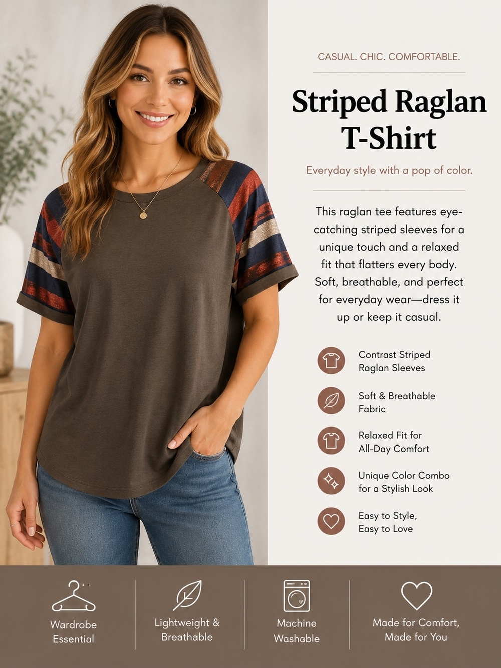 SHEIN Olive Raglan Tee with Multicolor Striped Sleeves